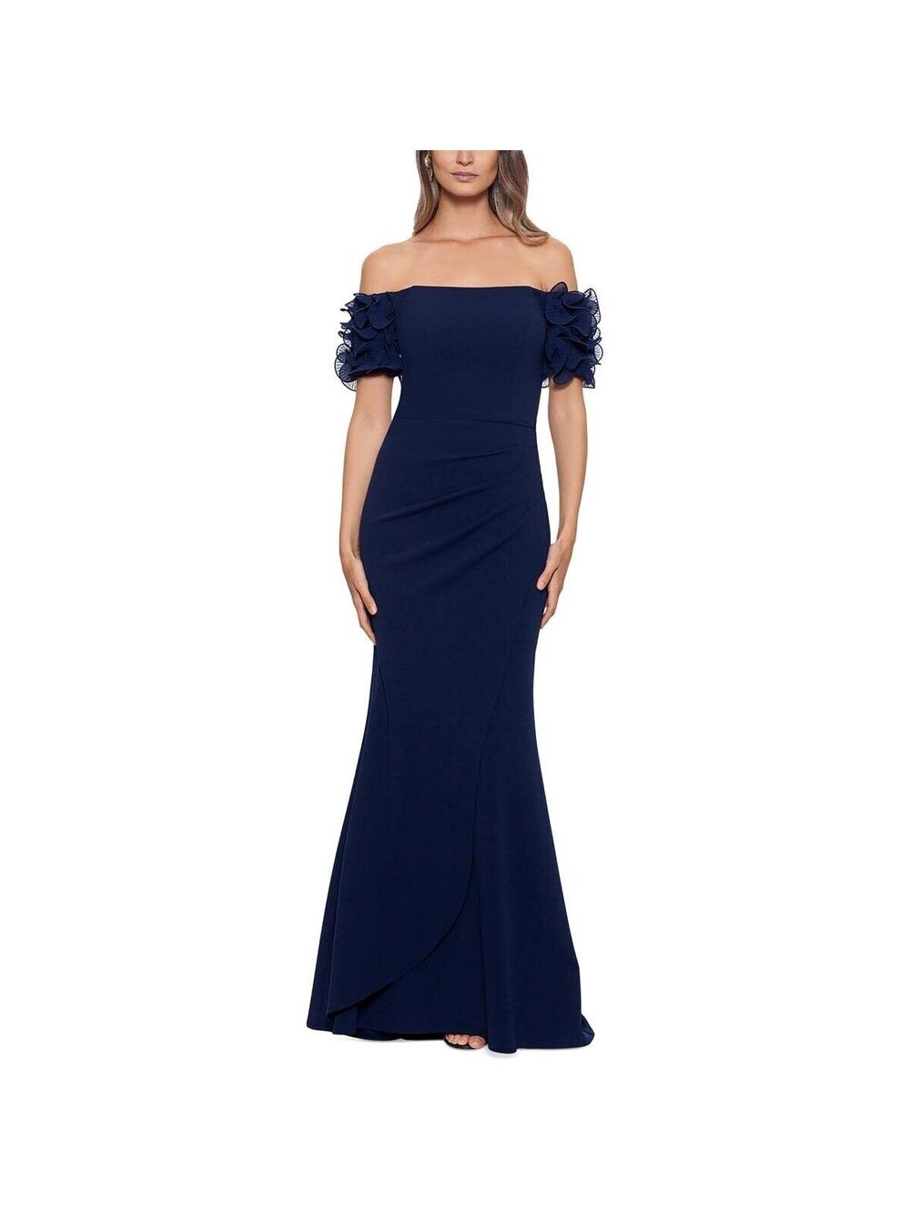 Xscape Long Scuba Crepe Off-The-Shoulder Wire Flower Navy 14